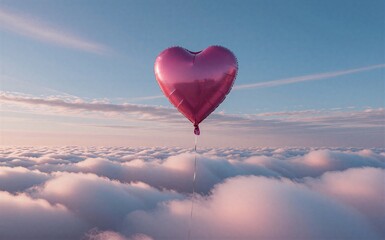Fototapeta premium Pink heart balloon floats above fluffy clouds at serene sunrise sky.