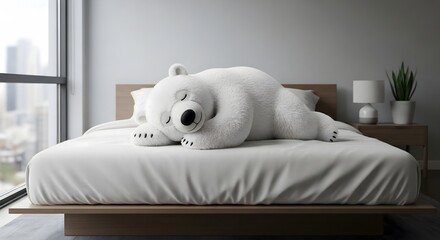 Cozy Polar Bear Plush Toy Sleeping Peacefully on a White Bed in a Modern Room