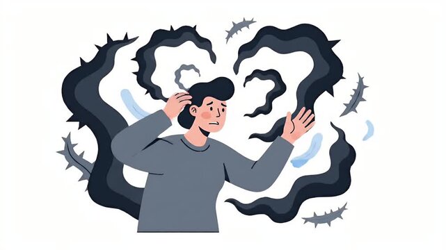 Man Frightened by Dark Smoke Thorns and Blue Cloud In Abstract Background