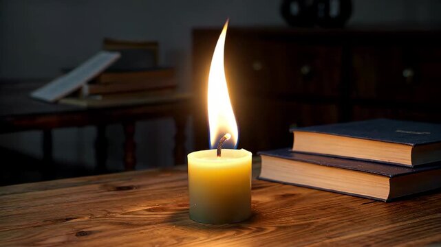 Candle burning and book materials on the table, candlelight and the silence of books