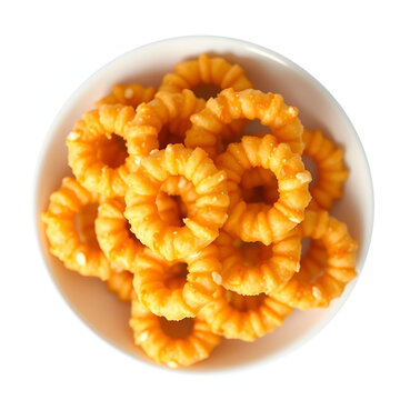 Pile of crispy Corn ring, Cream & Onion snack (Fryums - Frymus) in white dish isolated on white background, Sweet brekfast cereal rings - Image