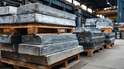 Metal ingots stacked on wooden pallets industrial scene