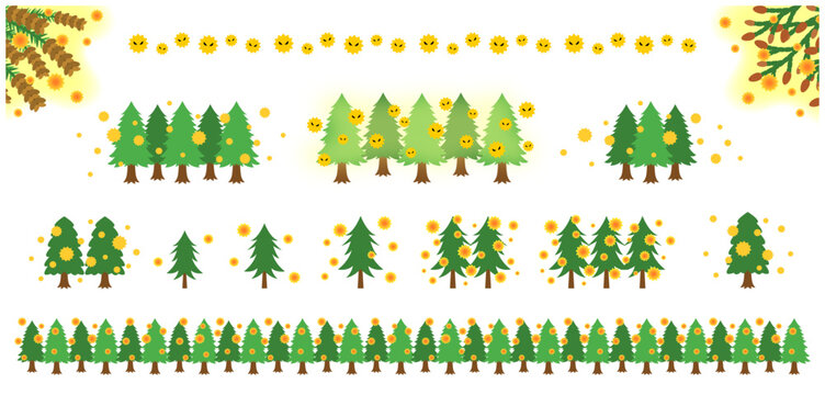 花粉を飛ばすスギとヒノキの木 ベクターイラストセット