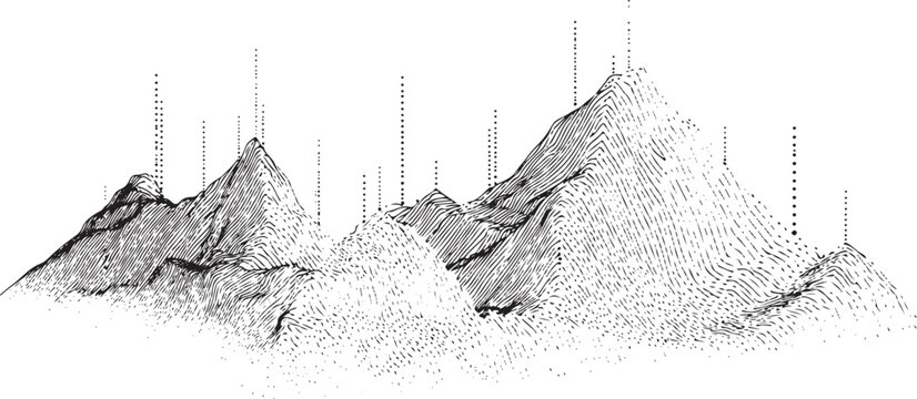 Black and white abstract mountain range with dotted elevation markers