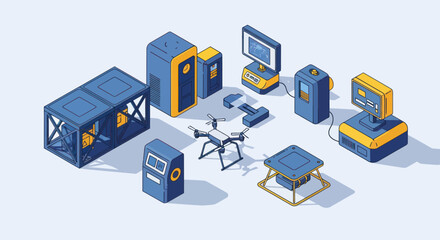 Obraz premium Isometric illustration of various industrial and technological equipment.