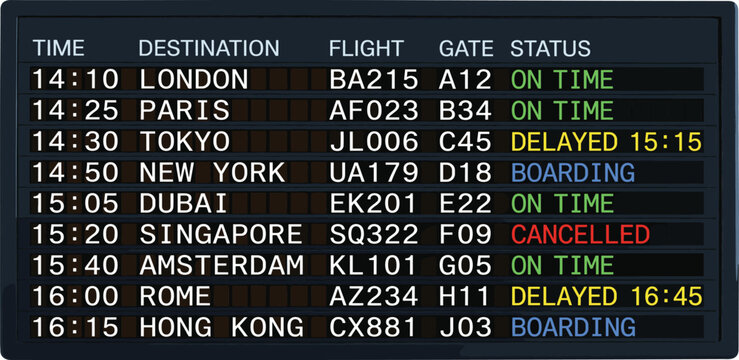 Real-time airport display board showing various international flight statuses, including on-time, delayed, and cancelled departures, reflecting the dynamic nature of global travel