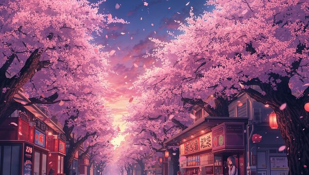 Anime Style Cherry Blossom Festival Street with Lanterns at Sunset