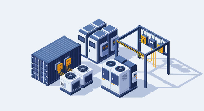 Isometric illustration of modern data center equipment and cooling systems.
