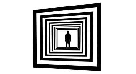 Silhouette of a solitary standing person centered within an infinite optical illusion tunnel created by receding concentric black and white square frames against a bright background.