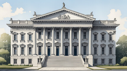Obraz premium A detailed illustration of a grand neoclassical building with columns and a pediment.