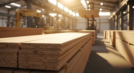 Lumber Stacks Inside The Factory Awaiting Transport with Heavy Equipment Visible