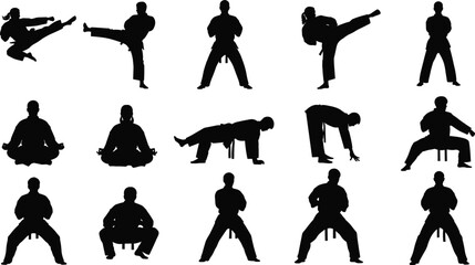Martial arts karate taekwondo fighter silhouette collection kicking training combat sport athlete exercise defense yoga meditation black silhouette set © Mdmostakim