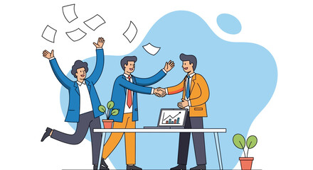 Fototapeta premium Three business professionals celebrating a successful meeting at a desk with documents flying around them in an office environment from a straightforward view