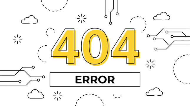 Digital illustration of 404 error page with circuit lines and clouds on a technical background