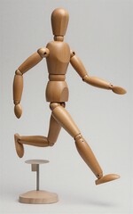 Wooden mannequin in mid-run pose against plain gray background.