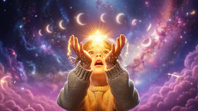 Wondering child holding bright glowing star with moon phases in magical galaxy sky