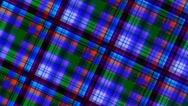 Vibrant plaid pattern with blue, green, orange, and purple hues on a white background, featuring intersecting lines and squares in a colorful design.