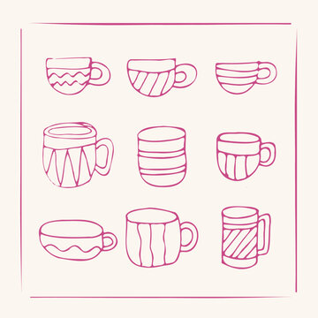 Artistic hand-drawn doodle style mugs and cups, featuring unique organic patterns. Perfect vector illustration for a cozy beverage experience and rustic design themes