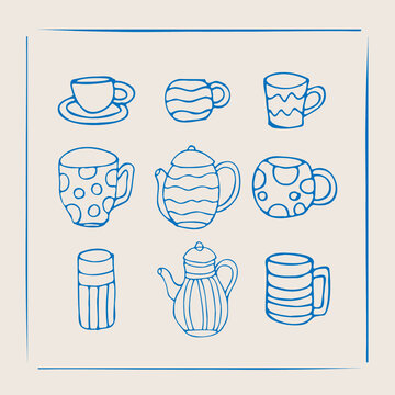 Whimsical set of hand-drawn organic style cups, mugs, and teapots with charming blue outlines, perfect for beverage-themed graphic design and kitchen decor