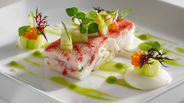 Delicate crab meat paired with green apple brunoise, wasabi cream, and citrus gel. Fresh, sharp, and precise