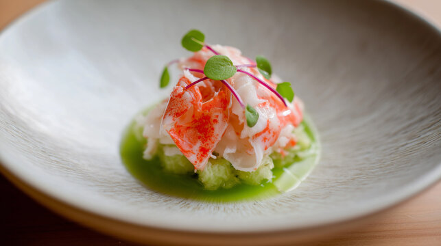 Delicate crab meat paired with green apple brunoise, wasabi cream, and citrus gel. Fresh, sharp, and precise