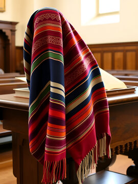 Vibrant traditional Jewish prayer shawl with intricate stripes and knots, gently draped over a worn wooden Torah reading table in a serene synagogue atmosphere.