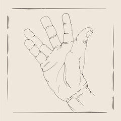 Obraz premium A stylized line drawing of an open hand with fingers spread, presented in a vintage, artistic aesthetic