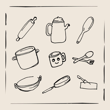 Charming Hand-Drawn Kitchen Utensils Collection Organic Style Sketch Illustrations of Cooking Tools and Equipment for Culinary Design Projects