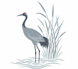 Obraz premium A majestic crane stands serenely amidst tall reeds in a peaceful wetland scene from a side viewpoint