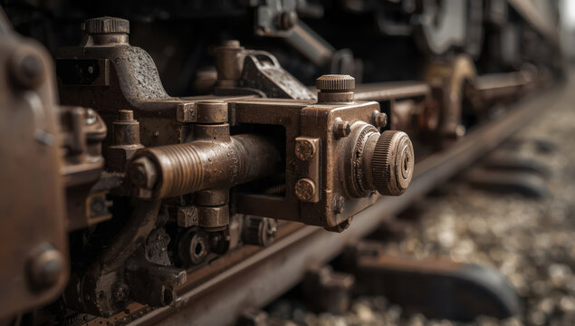 Close up of rusted railway bogie mechanism with textured metal components and moody lighting