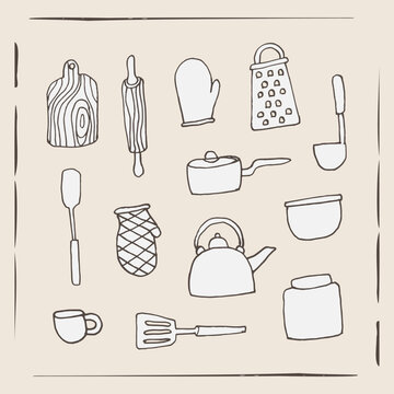 A charming, hand-drawn vector illustration set of essential kitchen utensils and cookware, featuring a rustic and organic doodle style, ideal for home cooking and baking concepts