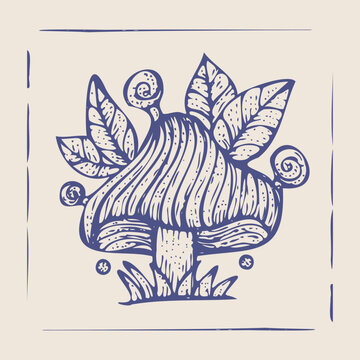 Detailed Hand-Drawn Mushroom Illustration in Vintage Organic Style, featuring Intricate Lines and Botanical Elements, Perfect for Nature-Inspired Art and Decorative Designs