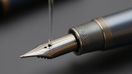 Close up of a metallic fountain pen nib with ink dripping onto it writing