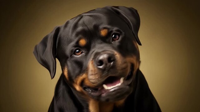 playful rottweiler portrait closeup dog with warm brown background