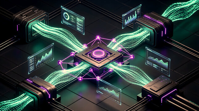 Concept of a machine learning pipeline on a dark charcoal background