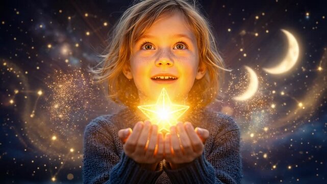 Smiling little girl holding glowing star in hands under magical starry night sky