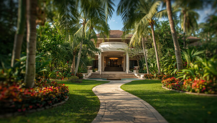 Obraz premium Luxury tropical resort entrance with palm trees and manicured garden pathway