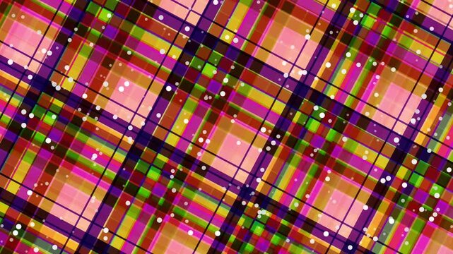 Vibrant plaid pattern with multicolored stripes and dots on a white background in a close-up view with a lively and playful mood.
