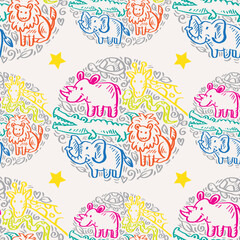 Obraz premium Seamless pattern with hand drawn hippo, lion, crocodile, rhinoceros and elephant. Vector illustration
