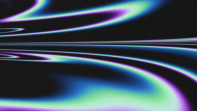 Abstract iridescent holographic waves with grainy texture on a black background, modern digital art for tech and design projects.