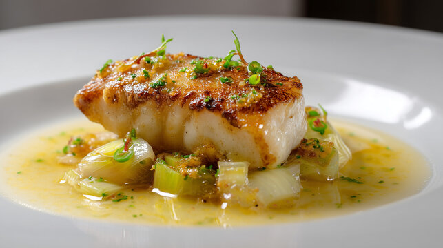 Perfectly seared John Dory, glazed with beurre mont&eacute;, paired with a deep shellfish jus and tender leeks. Classic French technique, razor-sharp execution