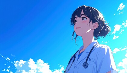 遠くを見る白衣を着た医療従事者と青い空　生成AI素材