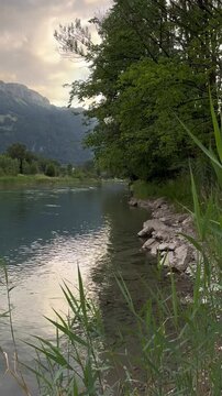 Linth river Glarus canton of Switzerland summer early morning Swiss nature, vertical video format