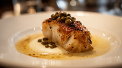 Roasted monkfish tail, basted in noisette butter, served with caper berries, charred cauliflower purée, and a light poultry reduction