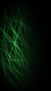 Green laser-like lines crisscross and fade against a black background, creating an abstract, high-tech motion pattern.