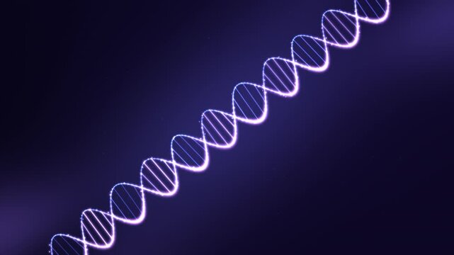 A glowing white DNA helix with blue lines spirals diagonally across a dark blue gradient background.