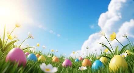 Vibrant easter eggs in a sunny meadow on easter sunday morning with fluffy clouds