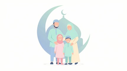 A happy muslim family in a flat animation caricature style celebrates eid al-adha mubarak with a crescent moon background.