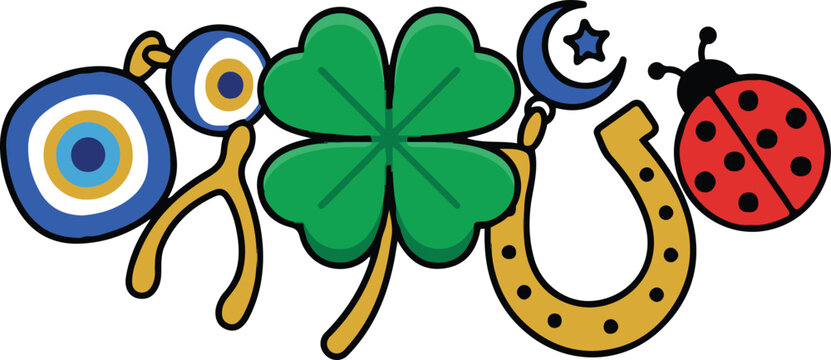 Cute lucky charm vector set featuring four-leaf clover, golden horseshoe, ladybug, evil eye beads, crescent moon, and wishbone in flat cartoon style, perfect for St. Patrick&rsquo;s Day and good luck themed