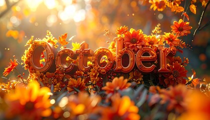 10月 秋色 花 OCTOBER 装飾 立体文字 高画質